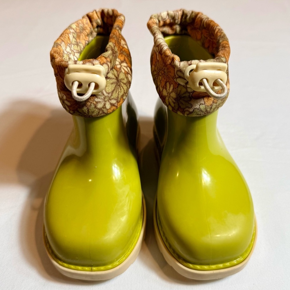 Mini Melissa Rain Boots III BB Girls 10 Yellow Green Floral Cuff Waterproof Lime - Picture 3 of 8